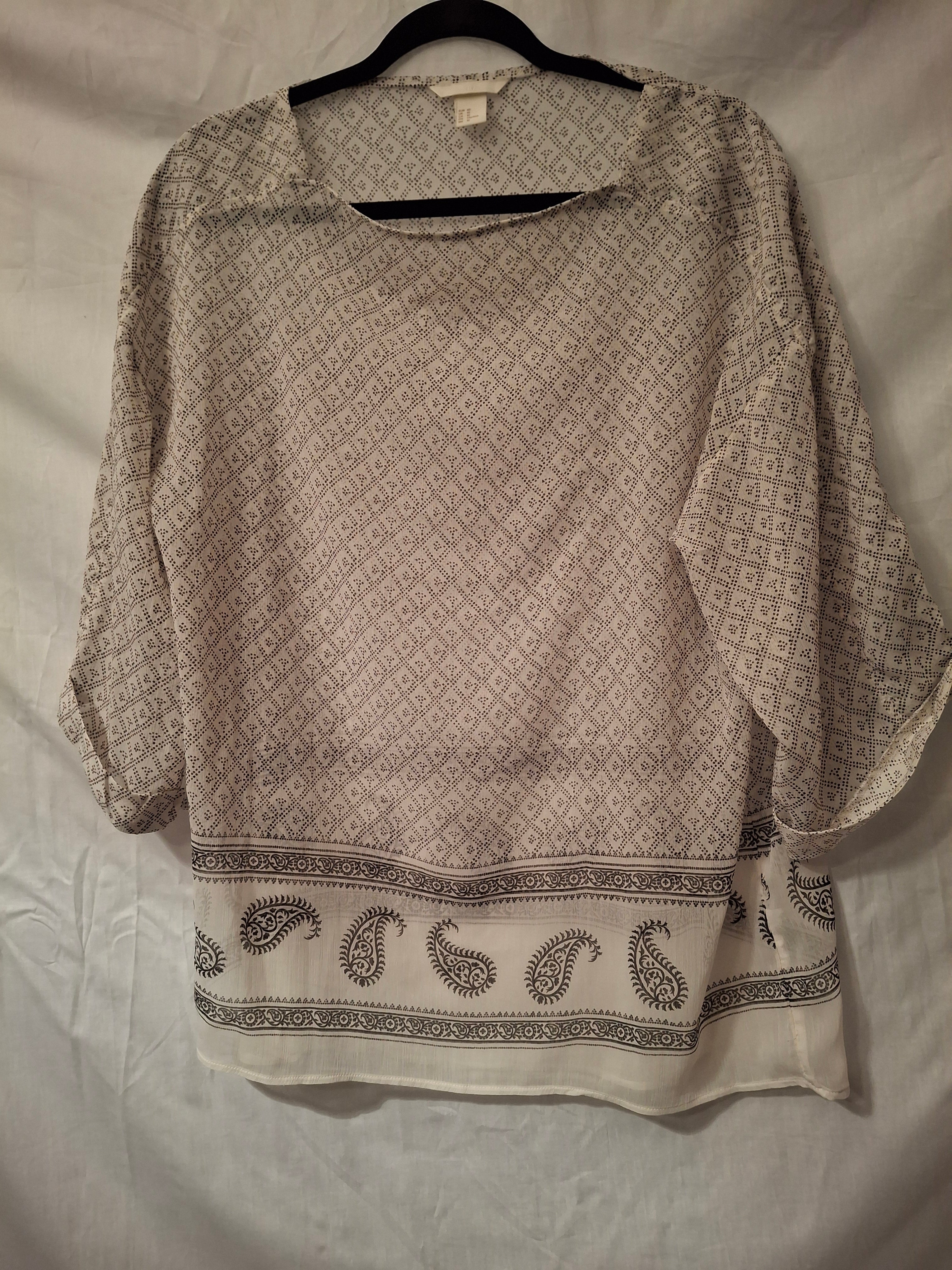 Blouse en voile H&M - blanc, motifs noir - 40 (L)