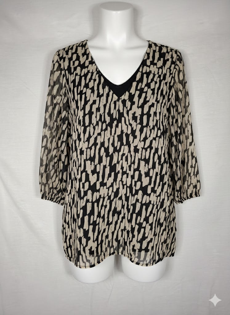 Blouse manches 3/4 marque inconnue  – Noire tâchetée écru  - 40 (L)