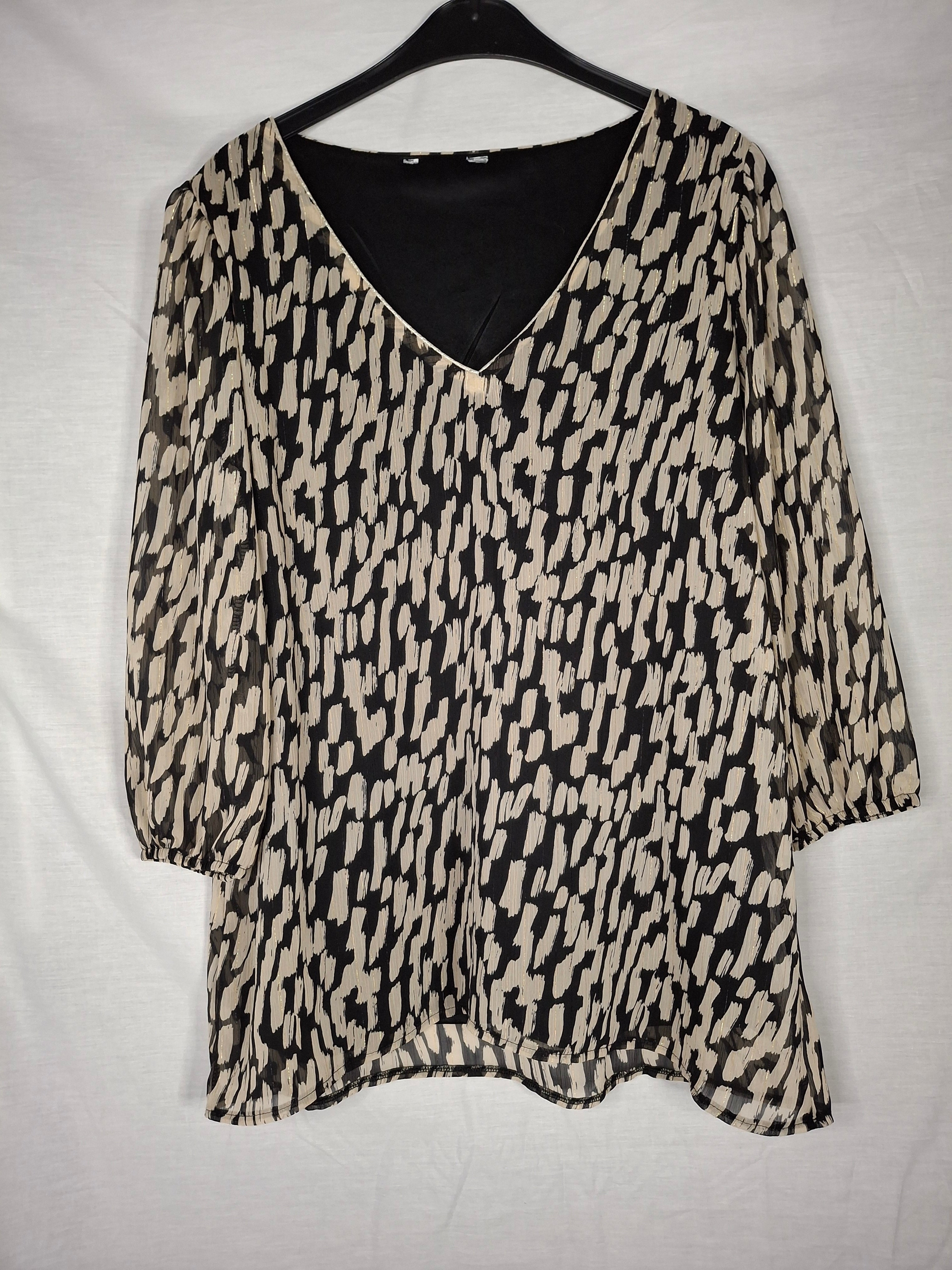 Blouse manches 3/4 marque inconnue  – Noire tâchetée écru  - 40 (L)