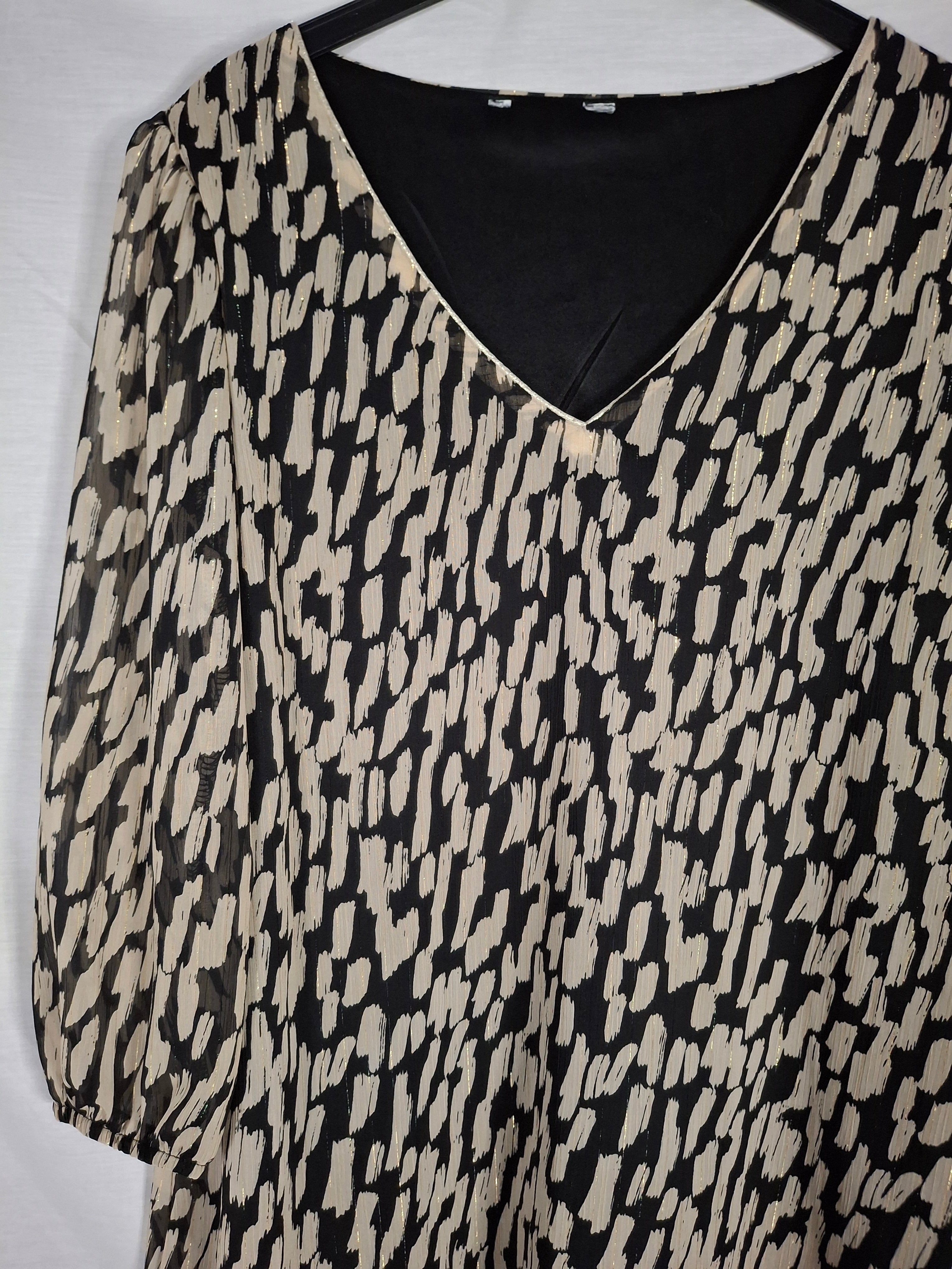 Blouse manches 3/4 marque inconnue  – Noire tâchetée écru  - 40 (L)