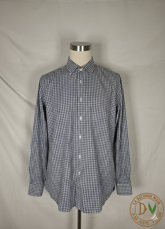 Chemise Homme XOOS Manches Longues – Carreaux Vichy Bleu Marine/Blanc   - Taille M (38)