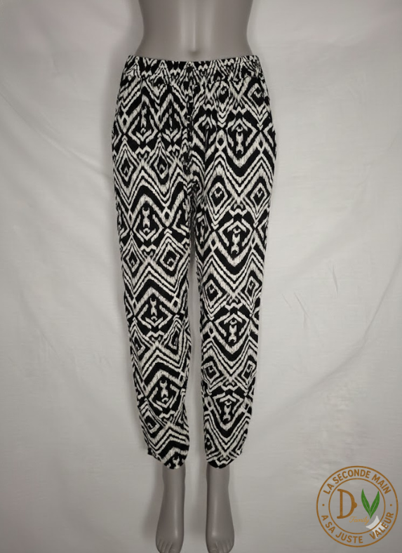 Pantalon Fluide LILY FASHION - Imprimé Graphique Noir & Blanc - Taille : M (38)