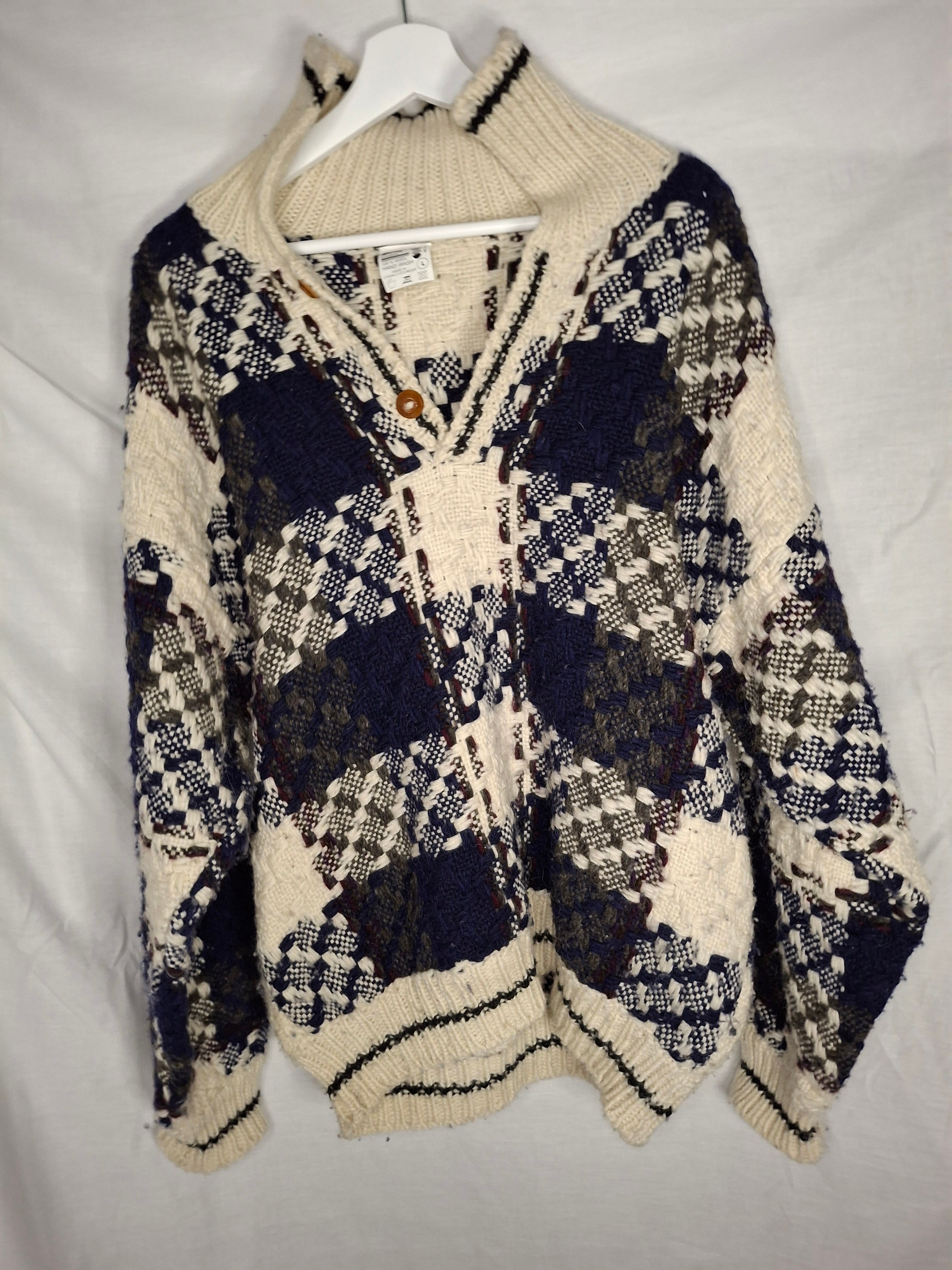 Pull Laine VINTAGE LUXE MKAS (Artisanat d'Otavalo) - Fait Main OTAVALO (Équateur)  -  Motif Damier Texturé  - Taille  XXL (44) Pièce vintage unique