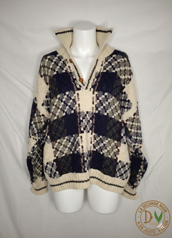Pull Laine VINTAGE LUXE MKAS (Artisanat d'Otavalo) - Fait Main OTAVALO (Équateur)  -  Motif Damier Texturé  - Taille  XXL (44) Pièce vintage unique