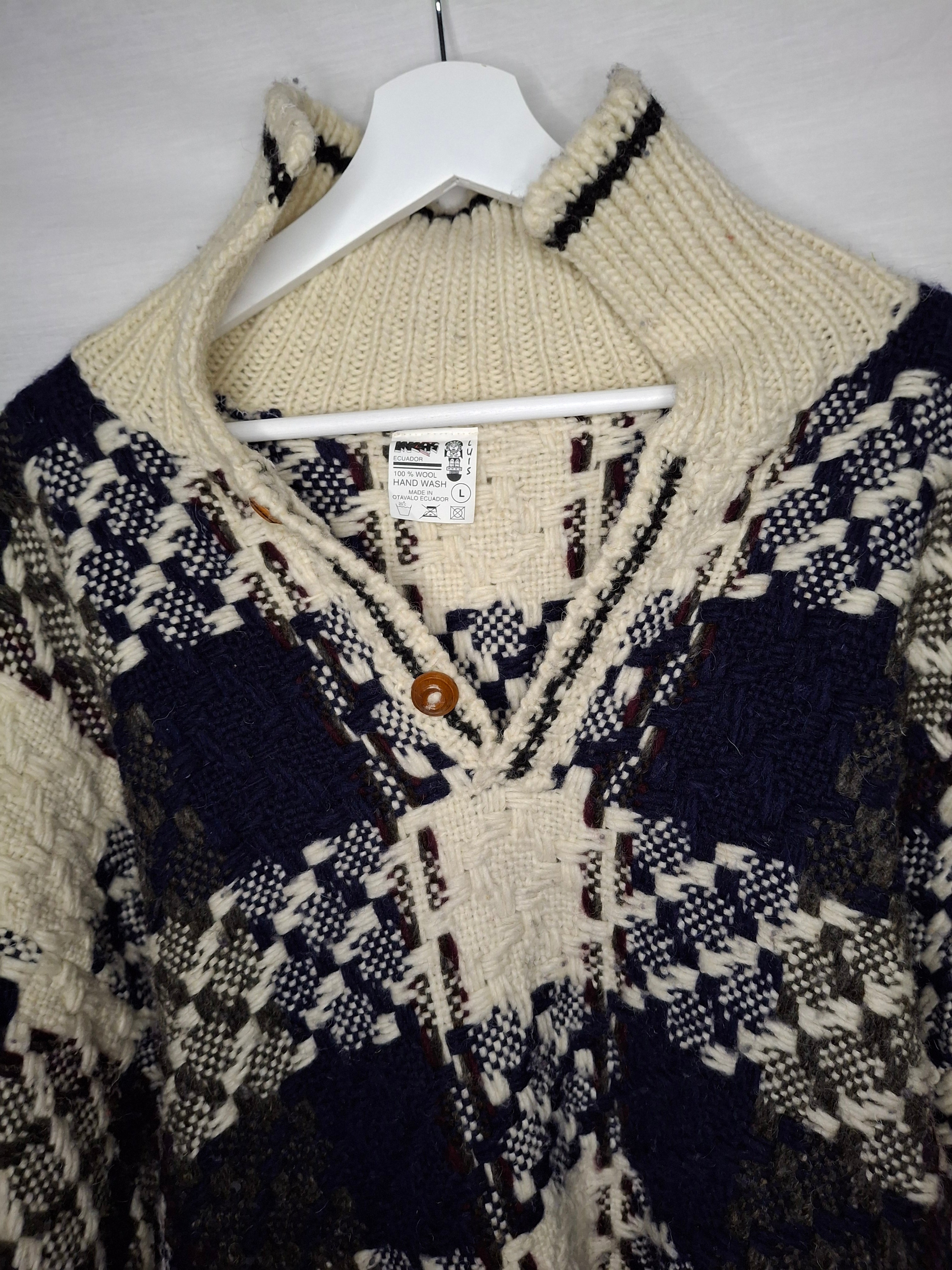 Pull Laine VINTAGE LUXE MKAS (Artisanat d'Otavalo) - Fait Main OTAVALO (Équateur)  -  Motif Damier Texturé  - Taille  XXL (44) Pièce vintage unique