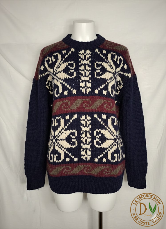 Pull VINTAGE LUXE - Sue Dille Designs - 100% Laine Fait Main  -  Motif Nordique Oversized - Taille : XXL (44) Pièce vintage unique