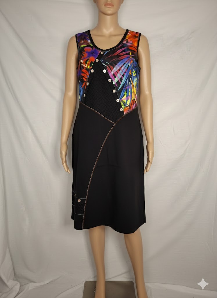 Robe Femme Christine LAURE  – Empiècement Tropical Noir  - Taille L (40)