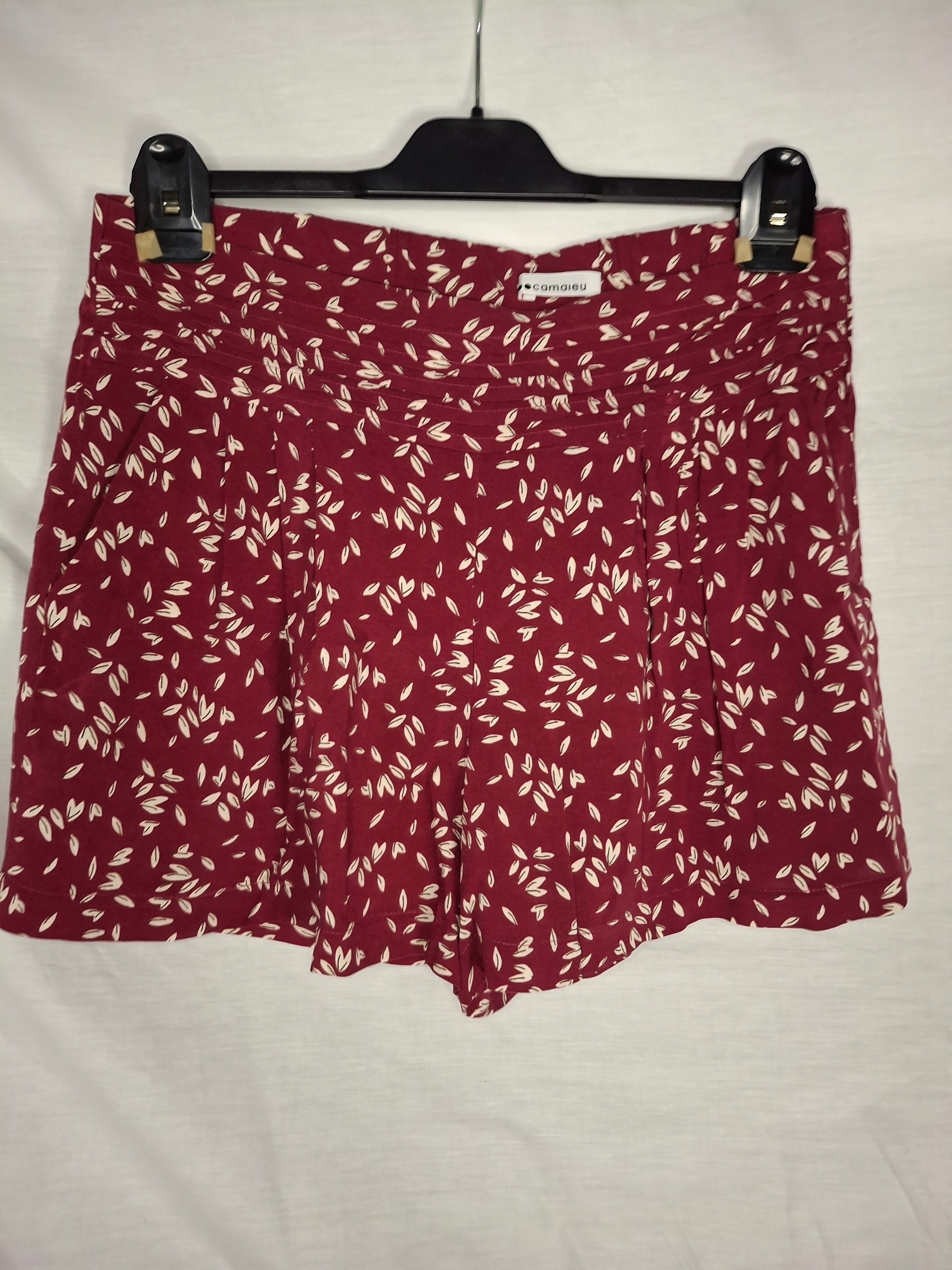 Short Fluide Camaïeu - Imprimé Feuilles Bordeaux   - Taille : L (40)