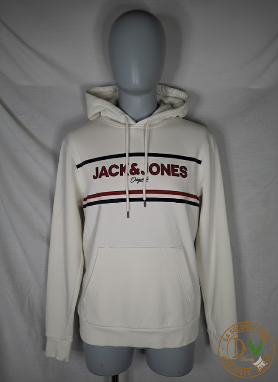 Sweat à Capuche JACK & JONES – blanc Logo Bandes Rétro  - Taille : M (38)