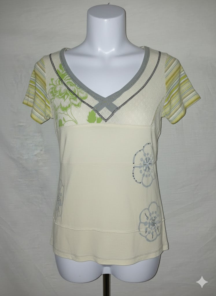T-shirt femme Solola - Crème, marquage vert et gris - Taille  M (38)