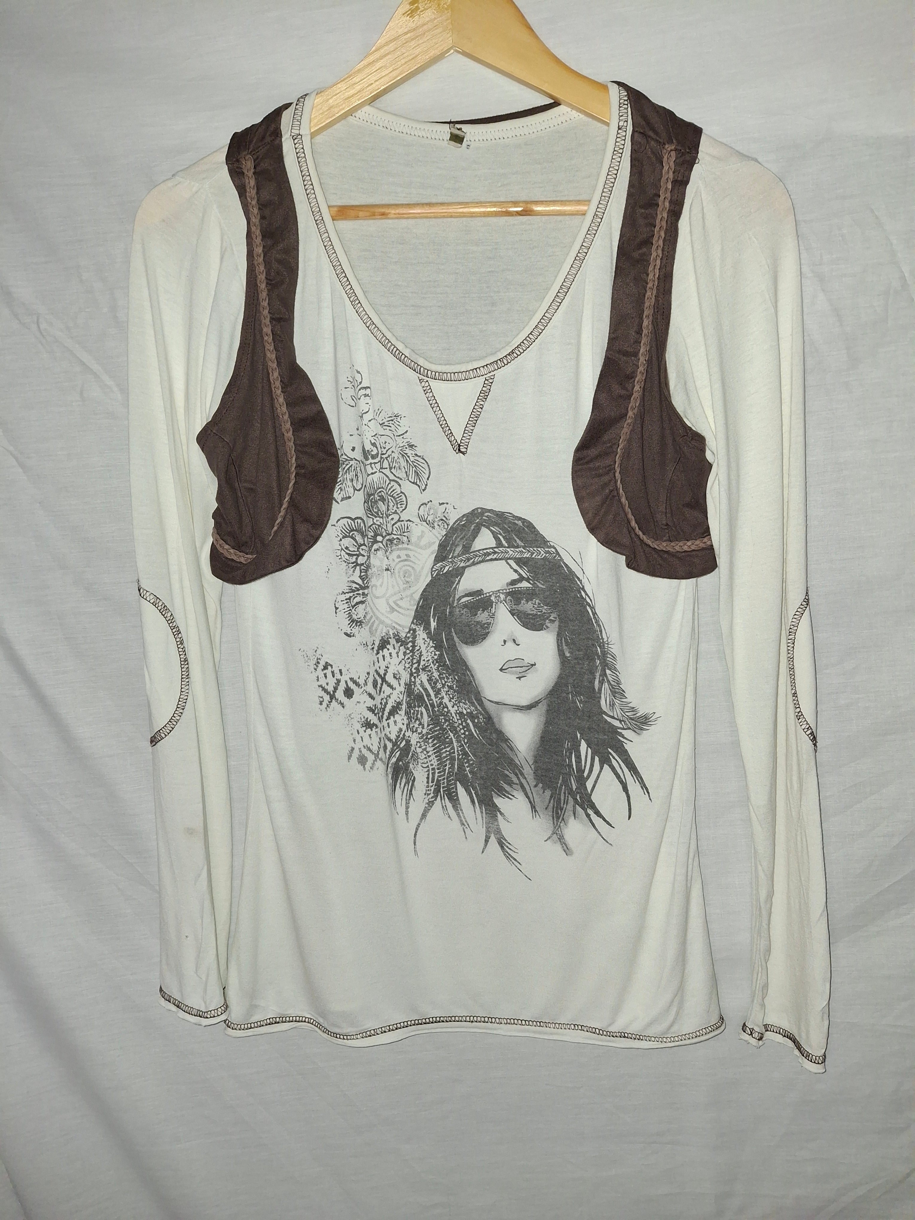 T-shirt femme manches longues – Blanc et marron, marquage visage femme - Taille M (38)
