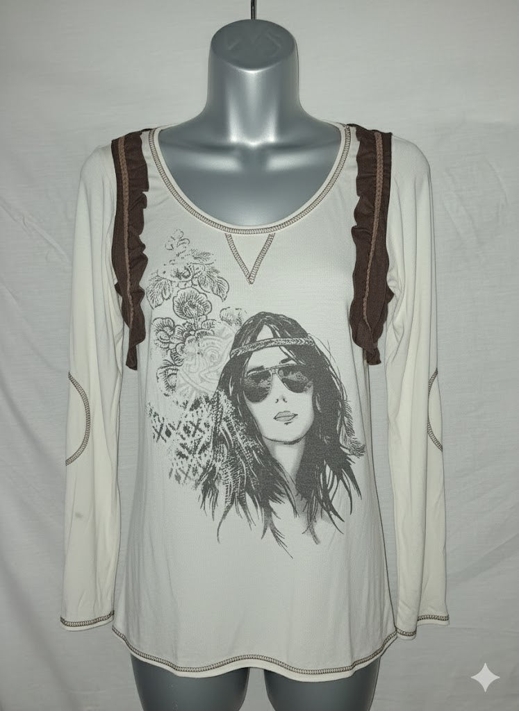 T-shirt femme manches longues – Blanc et marron, marquage visage femme - Taille M (38)