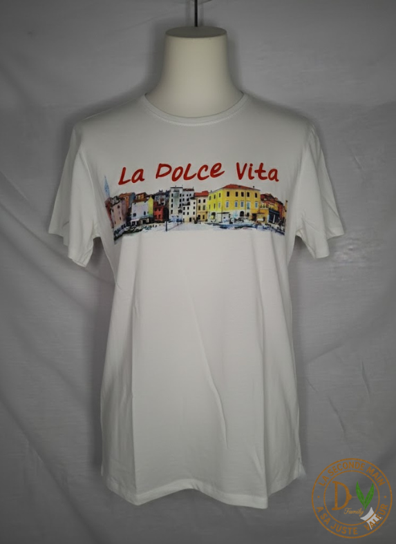 T-shirt manches courtes KIABI  - Blanc (imprimé "LA DOLCE VITA")  - Taille : M (38)